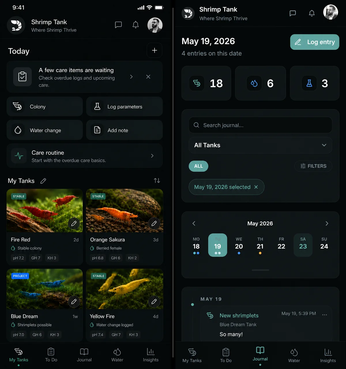 Shrimp Tank app showing tank care overview and journal context