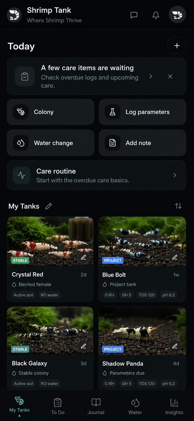 Shrimp Tank app overview showing Caridina tank care actions and status cards